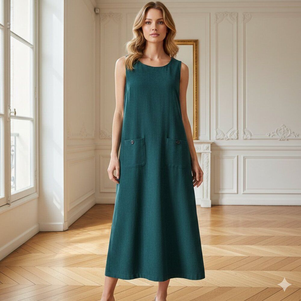 Talbots Petites Faux Suede Stretch Forest Green Jumper Maxi Sleeveless Dress S